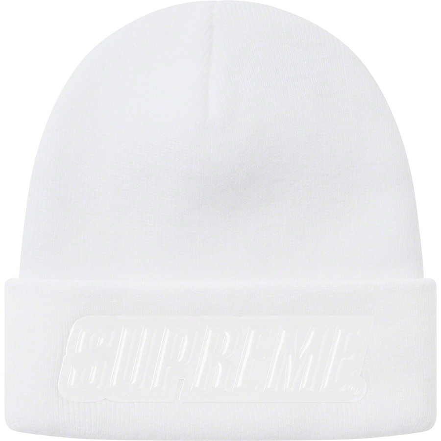 Details on Raised Patent Logo Beanie White from fall winter 2019 (Price is $36)