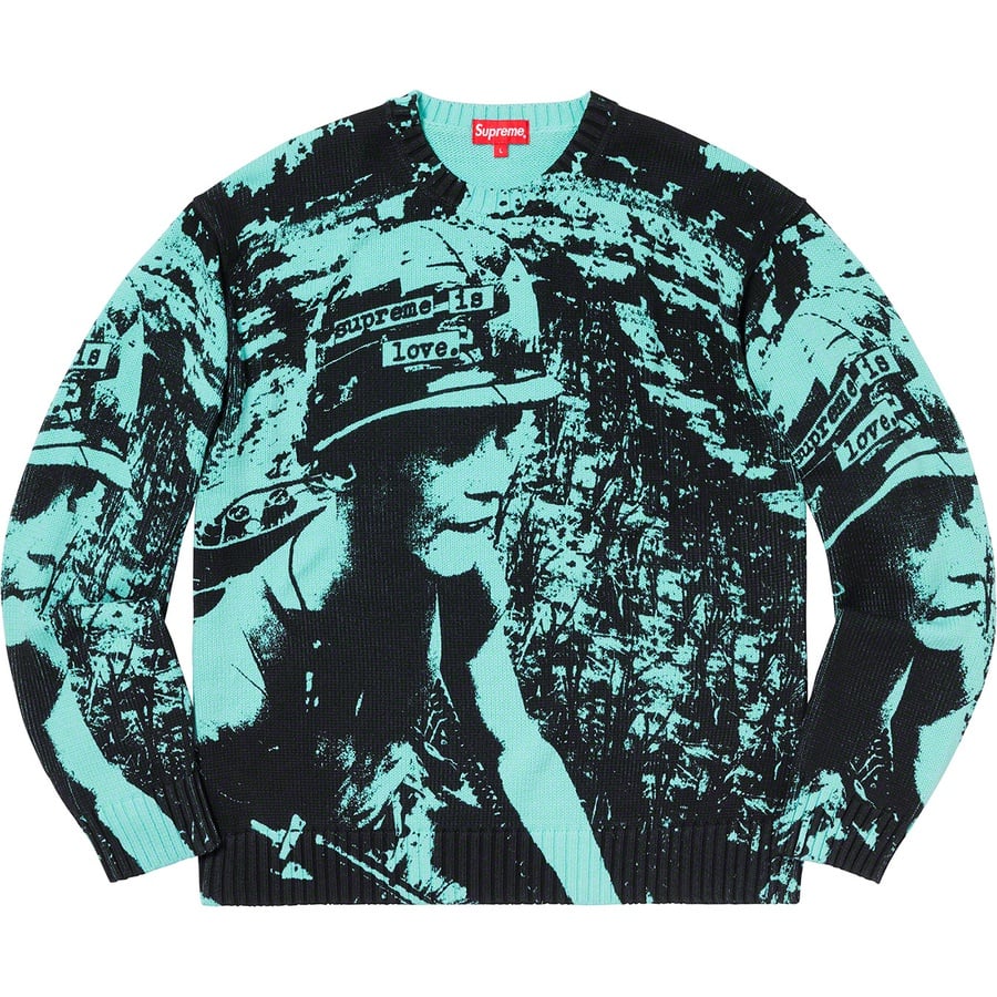 Details on Supreme is Love Sweater Bright Teal from fall winter
                                                    2019 (Price is $158)