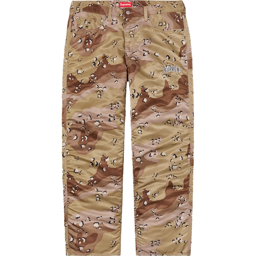 Details on Supreme Levi's Nylon Pant Chocolate Chip Camo from fall winter
                                                    2019 (Price is $168)