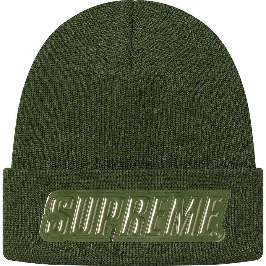 Details on Raised Patent Logo Beanie Olive from fall winter 2019 (Price is $36)
