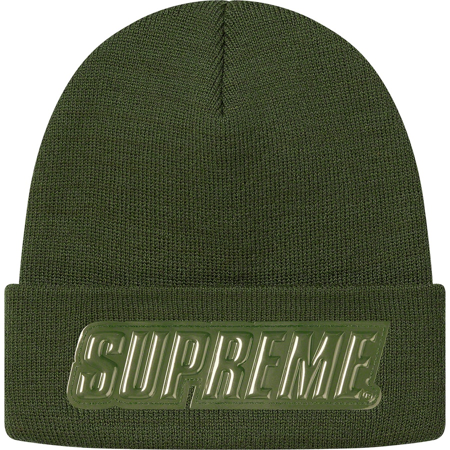 Details on Raised Patent Logo Beanie Olive from fall winter
                                                    2019 (Price is $36)