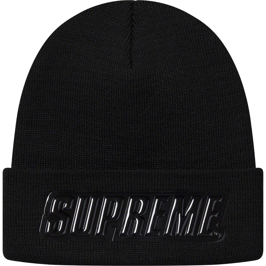 Details on Raised Patent Logo Beanie Black from fall winter 2019 (Price is $36)