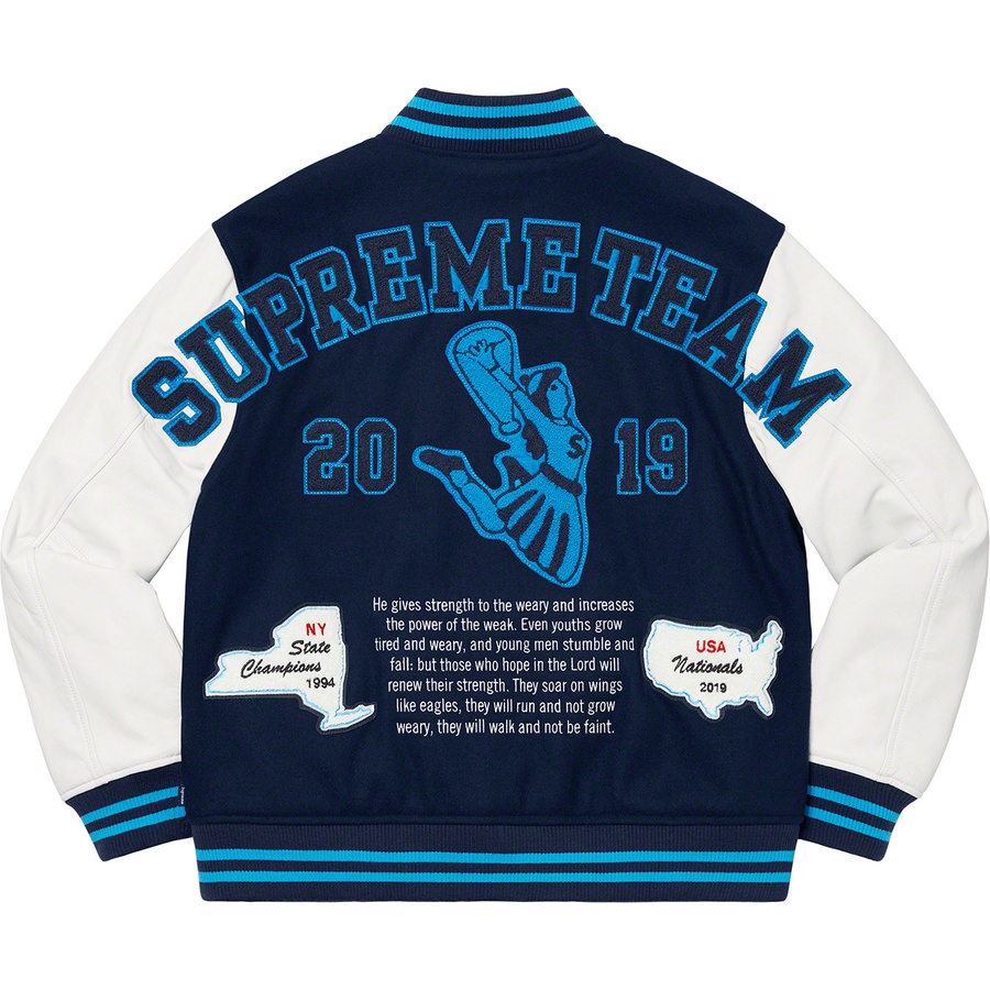 Details on Team Varsity Jacket Navy from fall winter 2019 (Price is $448)