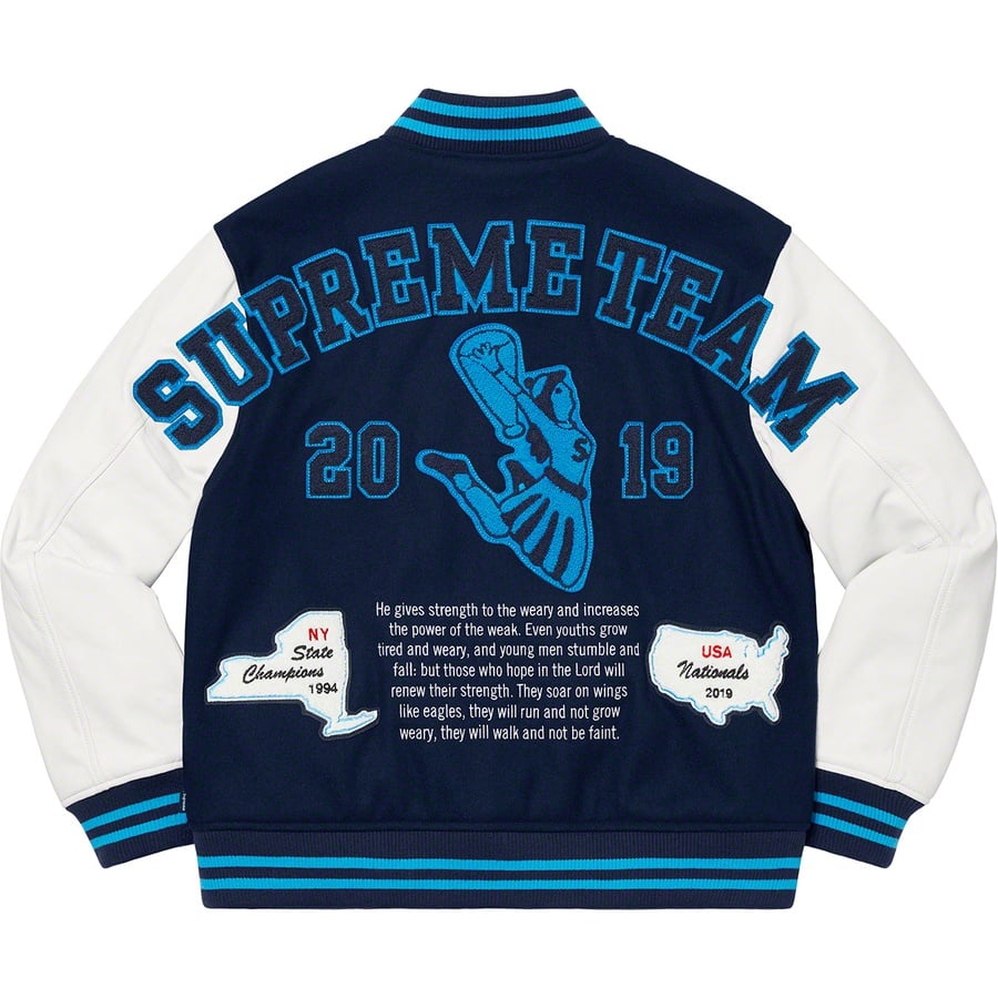 Details on Team Varsity Jacket Navy from fall winter
                                                    2019 (Price is $448)