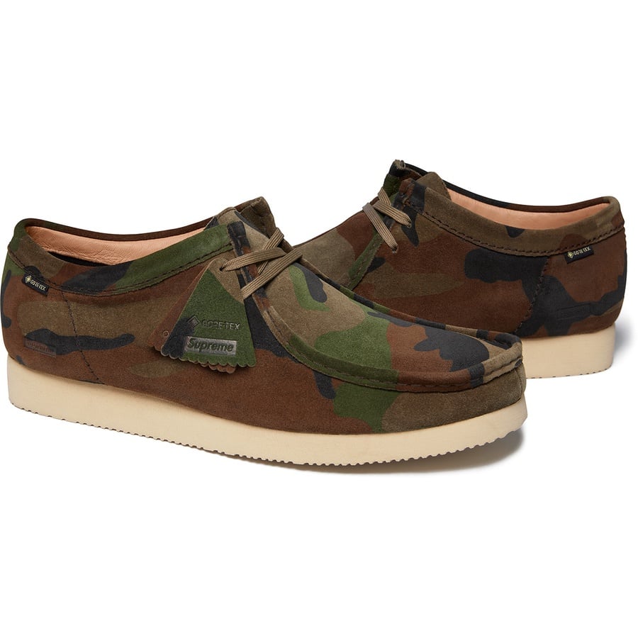 Details on Supreme Clarks Originals GORE-TEX Wallabee Woodland Camo from fall winter
                                                    2019 (Price is $198)