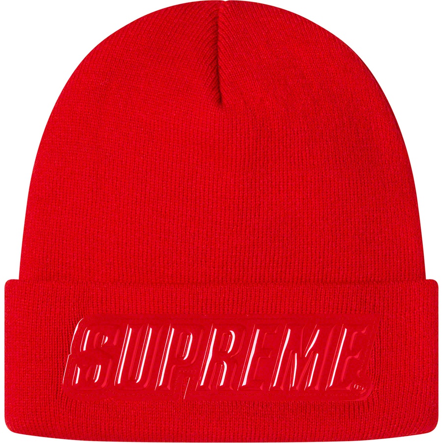 Details on Raised Patent Logo Beanie Red from fall winter 2019 (Price is $36)