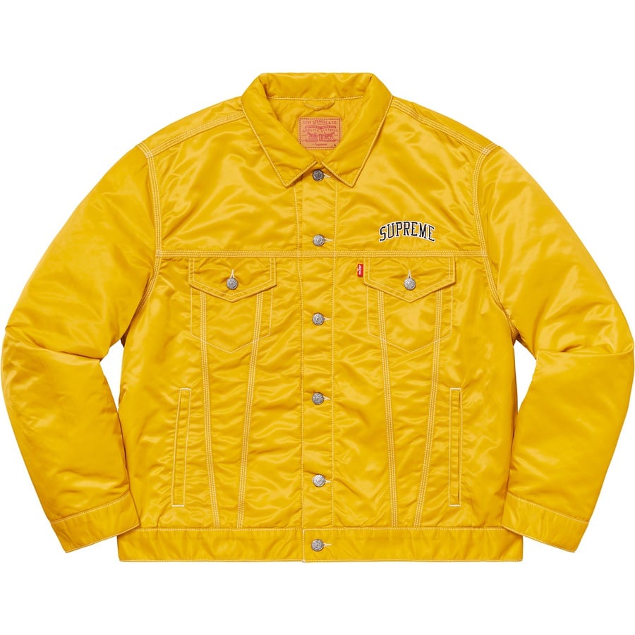 Details on Supreme Levi's Nylon Trucker Jacket Yellow from fall winter 2019 (Price is $264)