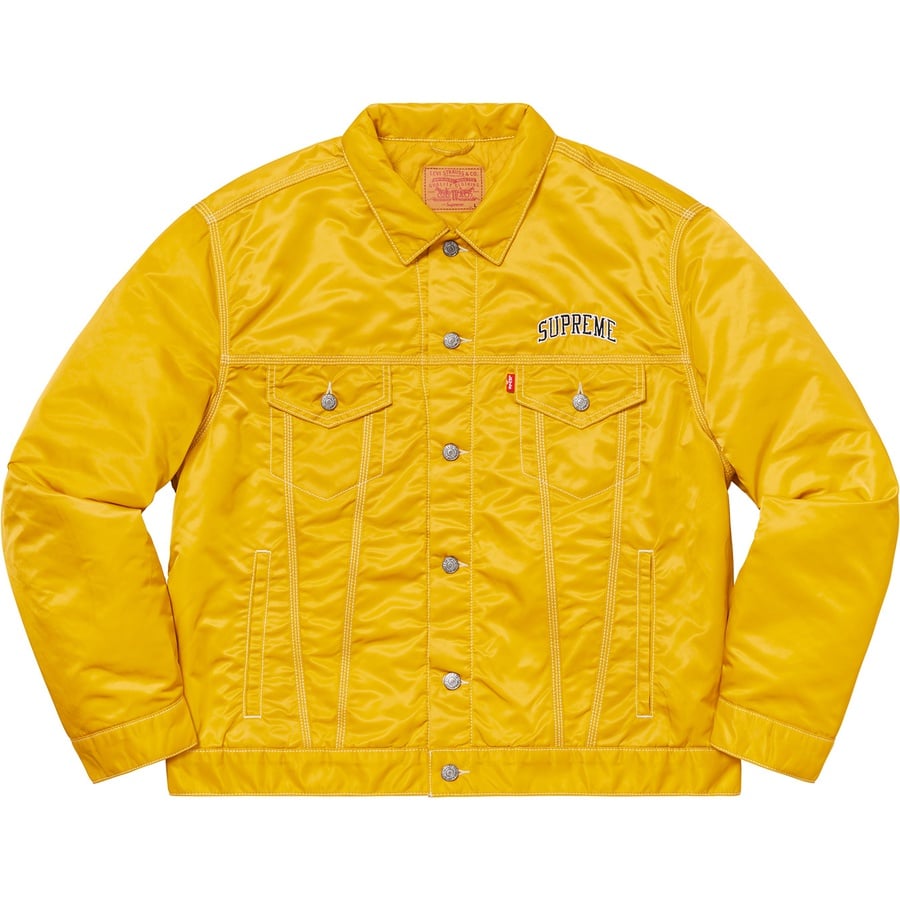 Details on Supreme Levi's Nylon Trucker Jacket Yellow from fall winter
                                                    2019 (Price is $264)