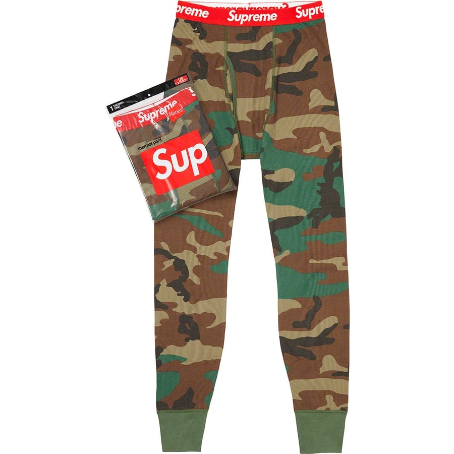 Details on Supreme Hanes Thermal Pant (1 Pack) Woodland Camo from fall winter
                                                    2019 (Price is $24)