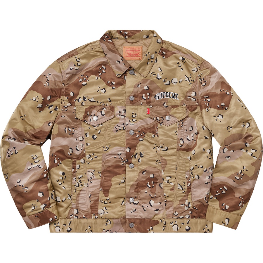 Details on Supreme Levi's Nylon Trucker Jacket Chocolate Chip Camo from fall winter
                                                    2019 (Price is $264)