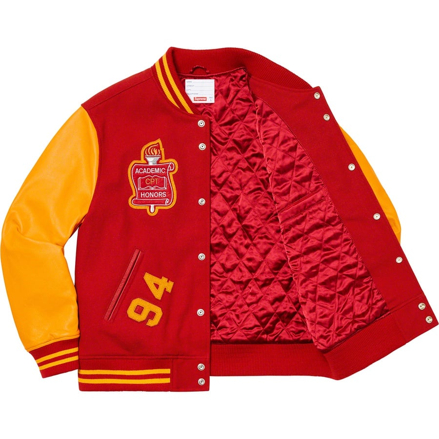 Details on Team Varsity Jacket Red from fall winter
                                                    2019 (Price is $448)