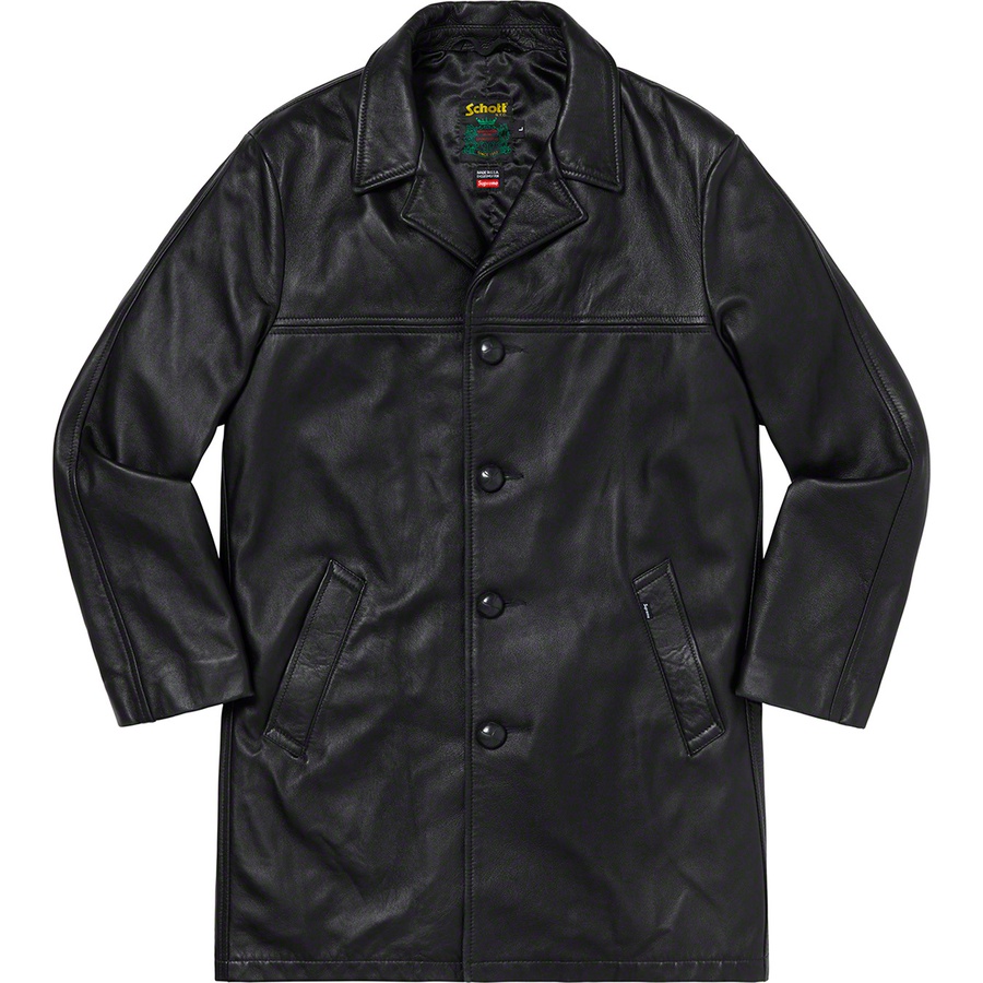 Details on Supreme Schott Leather Overcoat Black from fall winter
                                                    2019 (Price is $798)