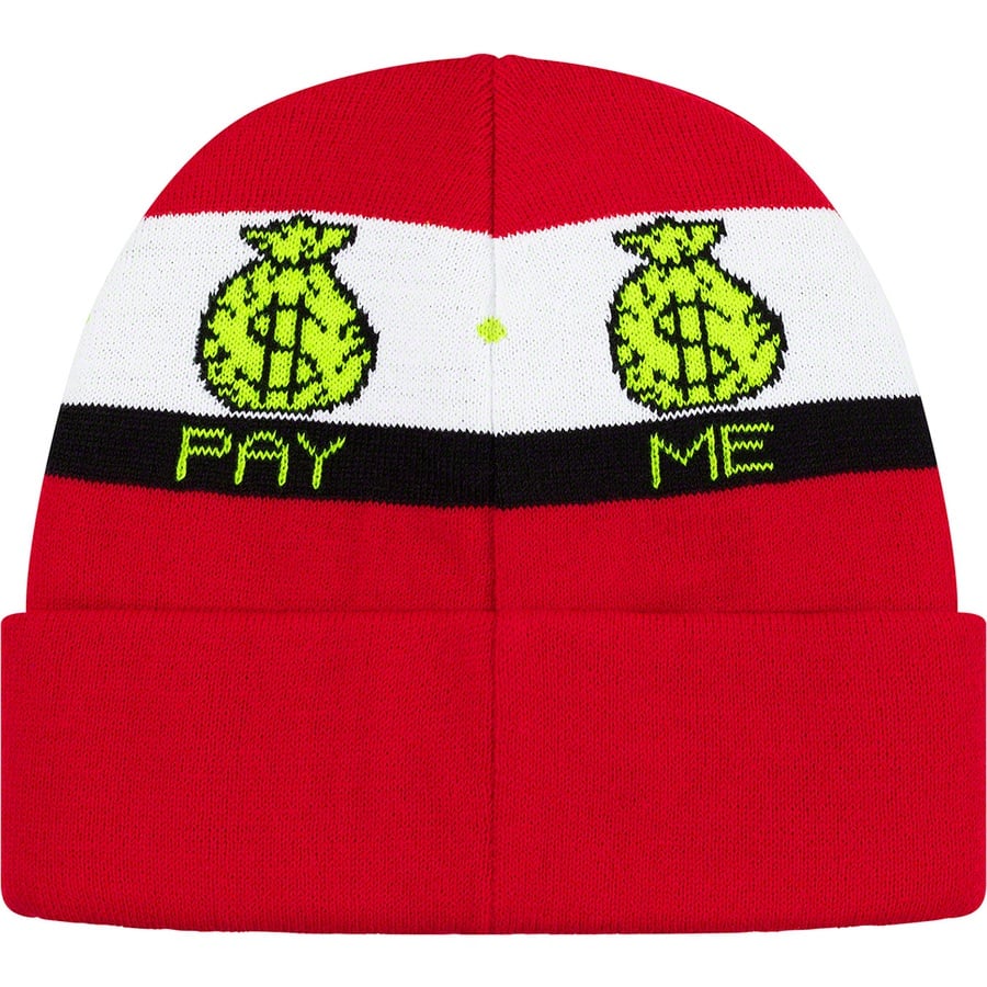 Details on Pay Me Beanie Red from fall winter
                                                    2019 (Price is $34)