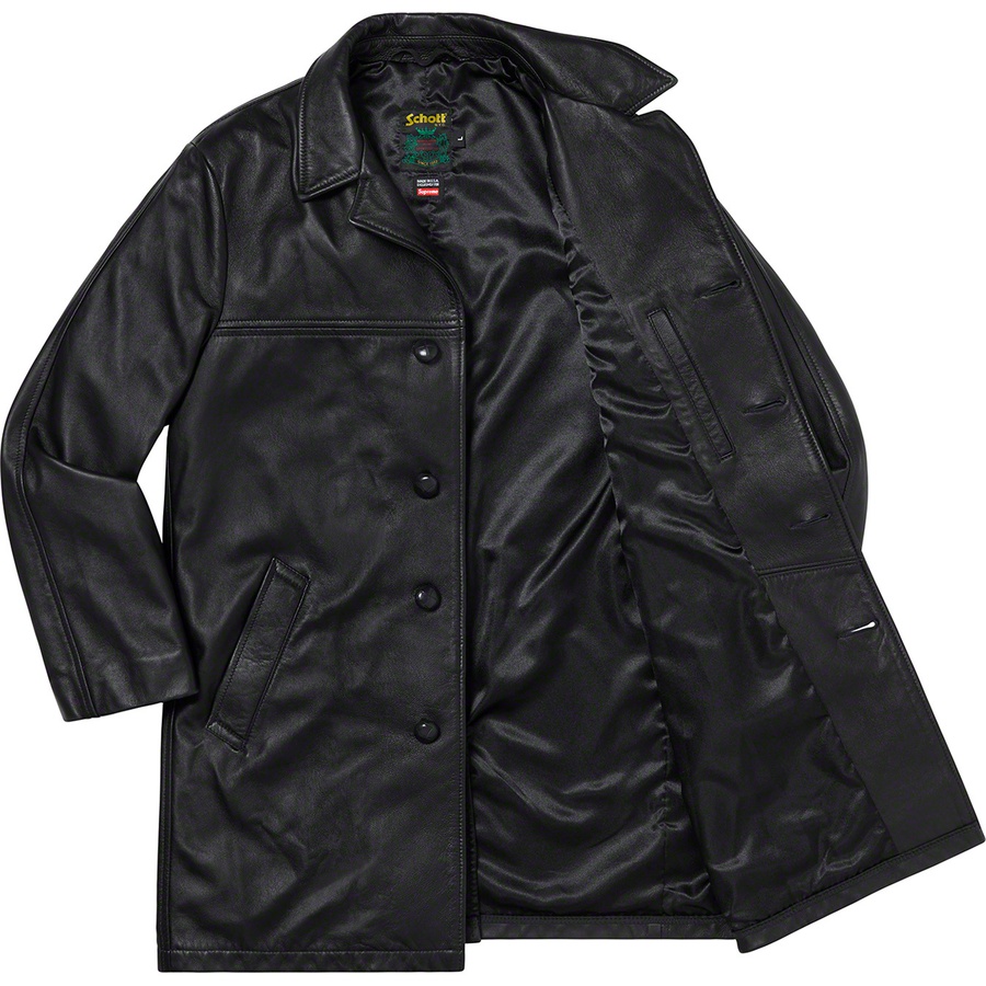 Details on Supreme Schott Leather Overcoat Black from fall winter
                                                    2019 (Price is $798)