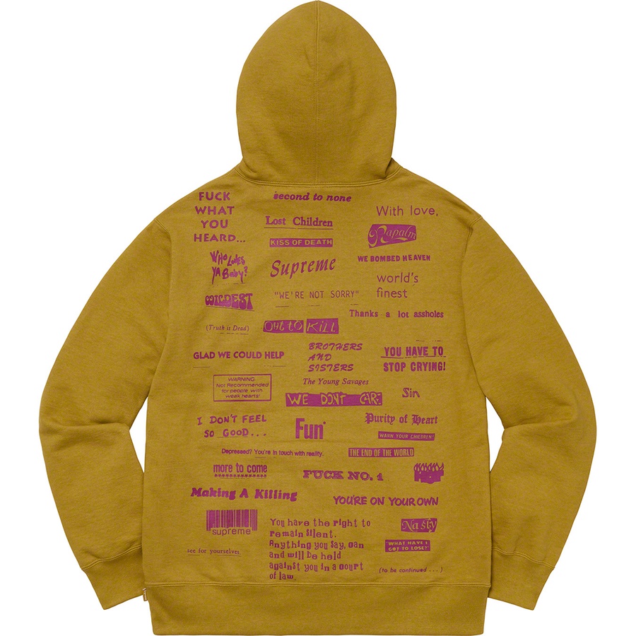 Details on Stop Crying Hooded Sweatshirt Dark Mustard from fall winter 2019 (Price is $158)