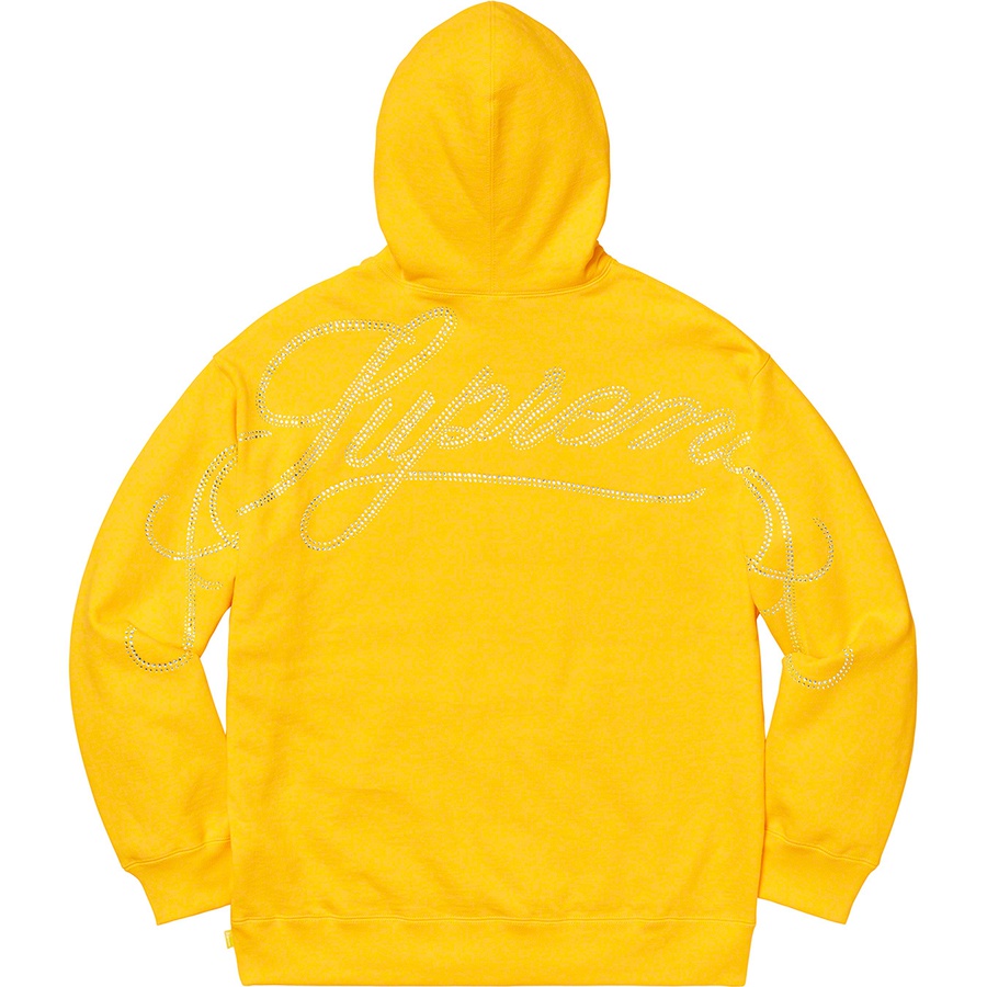 Details on Rhinestone Script Hooded Sweatshirt Yellow from fall winter 2019 (Price is $158)