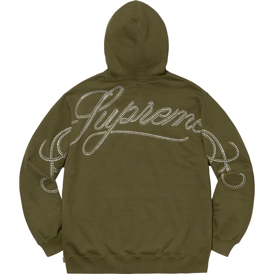 Details on Rhinestone Script Hooded Sweatshirt Dark Olive from fall winter
                                                    2019 (Price is $158)