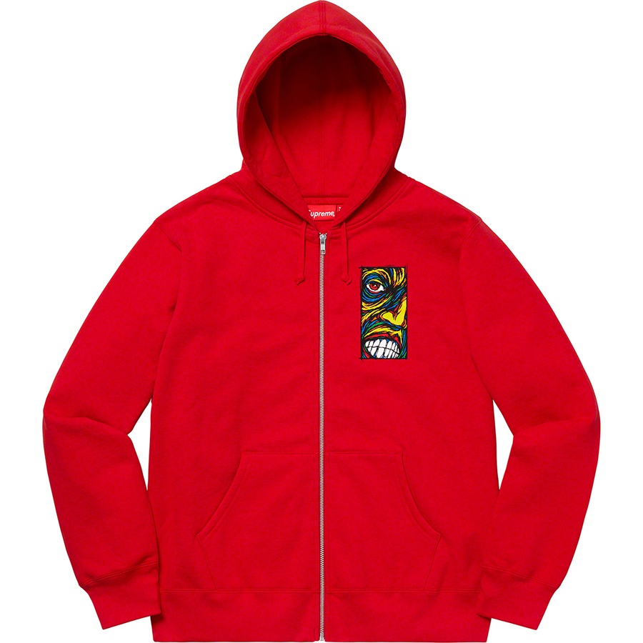Details on Disturbed Zip Up Hooded Sweatshirt Red from fall winter 2019 (Price is $168)