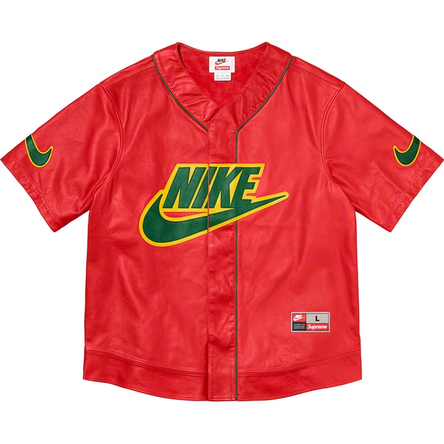 Details on Supreme Nike Leather Baseball Jersey Red from fall winter 2019 (Price is $576)