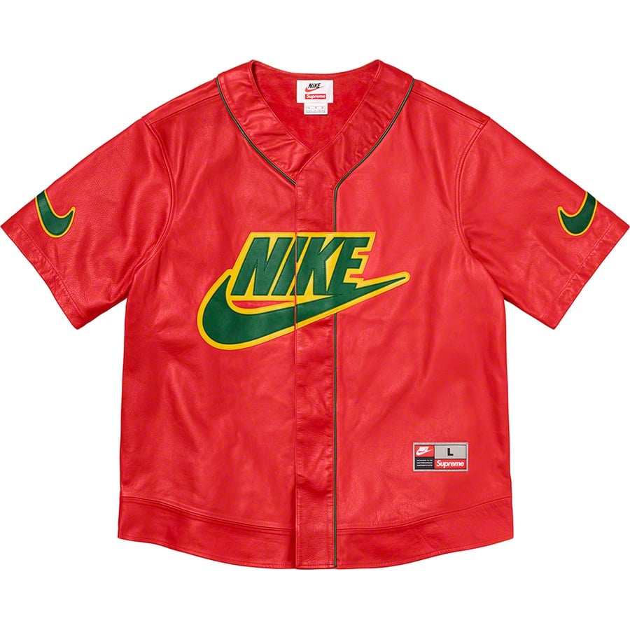 Details on Supreme Nike Leather Baseball Jersey Red from fall winter
                                                    2019 (Price is $576)