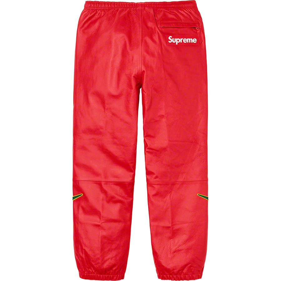 Details on Supreme Nike Leather Warm Up Pant Red from fall winter 2019 (Price is $498)