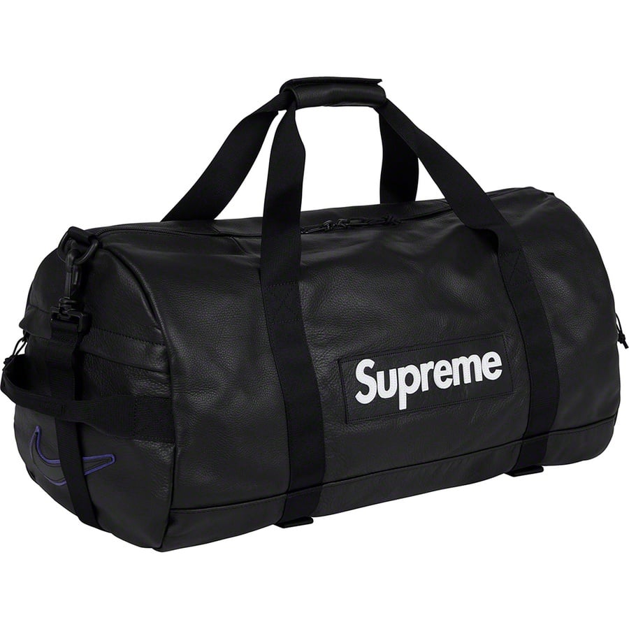 Details on Supreme Nike Leather Duffle Bag Black from fall winter
                                                    2019 (Price is $360)