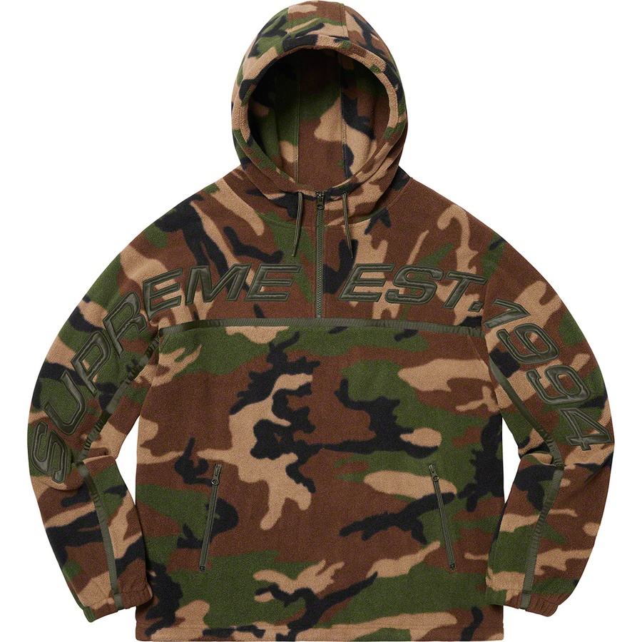 Details on Polartec Half Zip Hooded Sweatshirt Woodland Camo from fall winter 2019 (Price is $158)