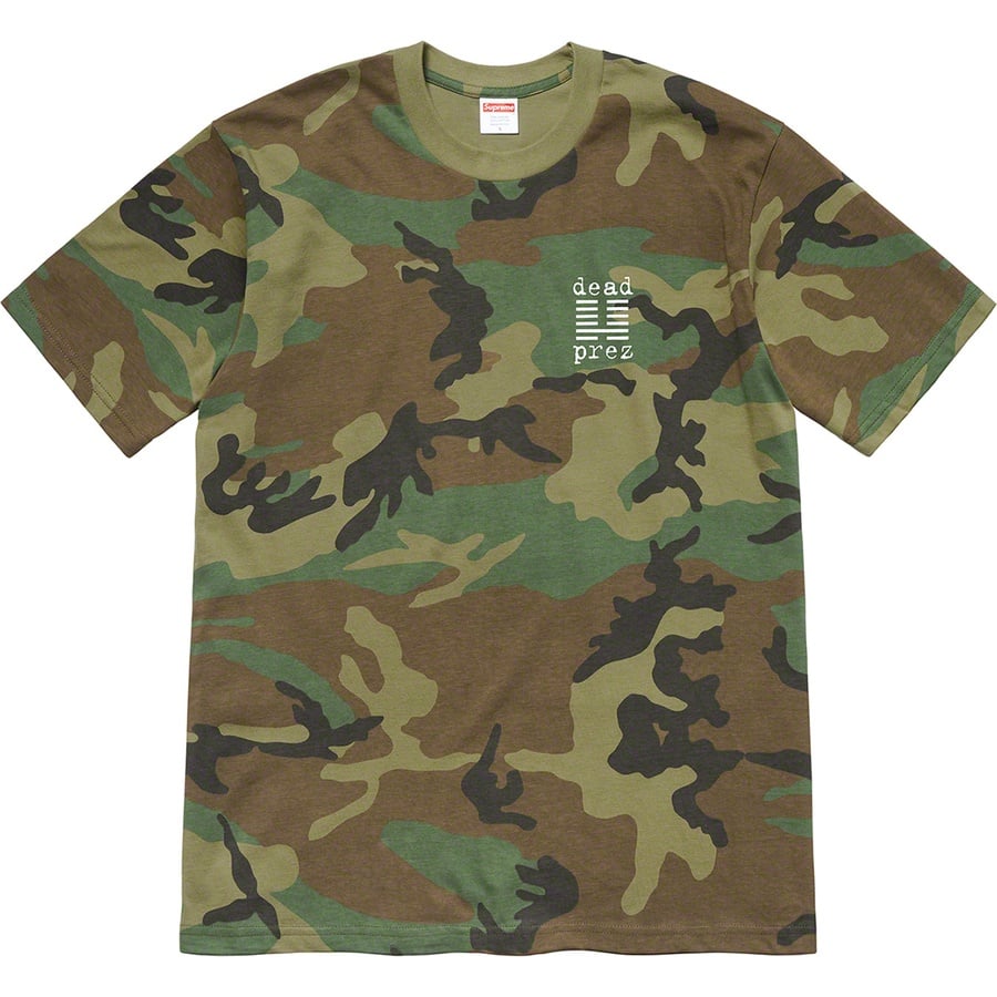 Details on Supreme dead prez Tee Woodland Camo from fall winter 2019 (Price is $48)