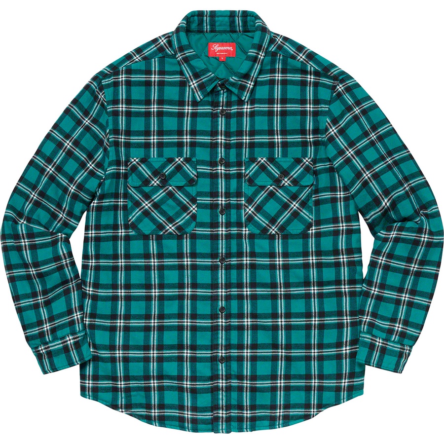 Details on Arc Logo Quilted Flannel Shirt Green from fall winter 2019 (Price is $138)
