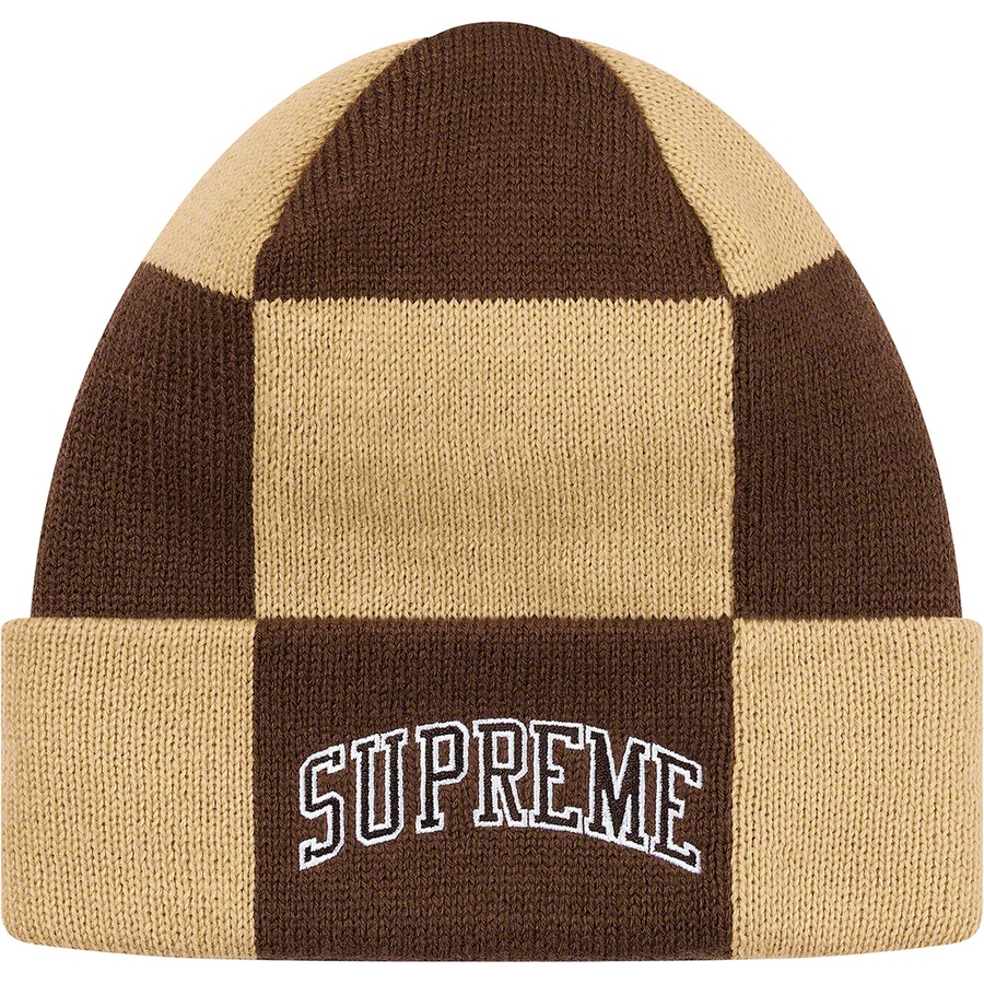 Details on Checkerboard Beanie Tan from fall winter 2019 (Price is $34)