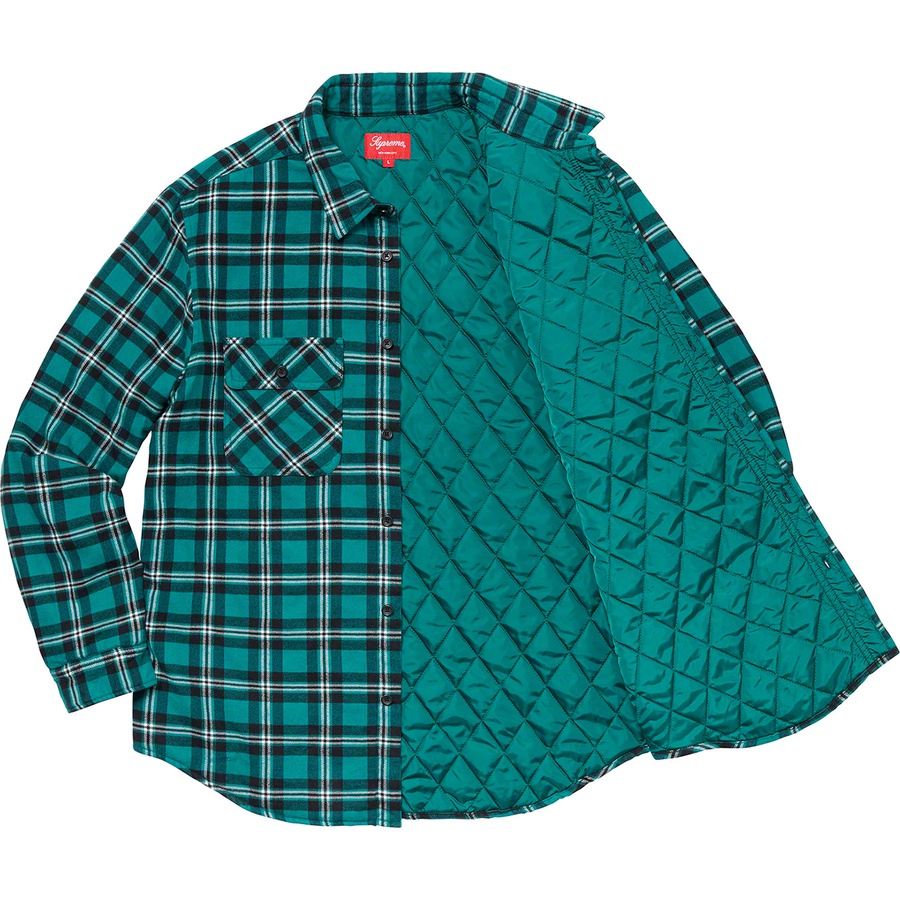 Details on Arc Logo Quilted Flannel Shirt Green from fall winter 2019 (Price is $138)