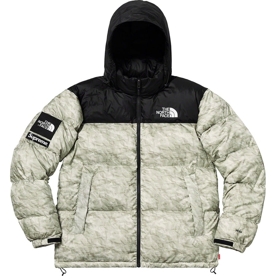 Details on Supreme The North Face Paper Print Nuptse Jacket Paper Print from fall winter 2019 (Price is $398)