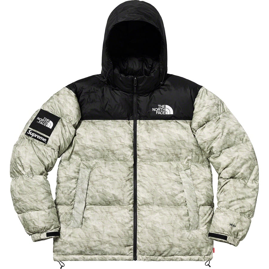 Details on Supreme The North Face Paper Print Nuptse Jacket Paper Print from fall winter
                                                    2019 (Price is $398)