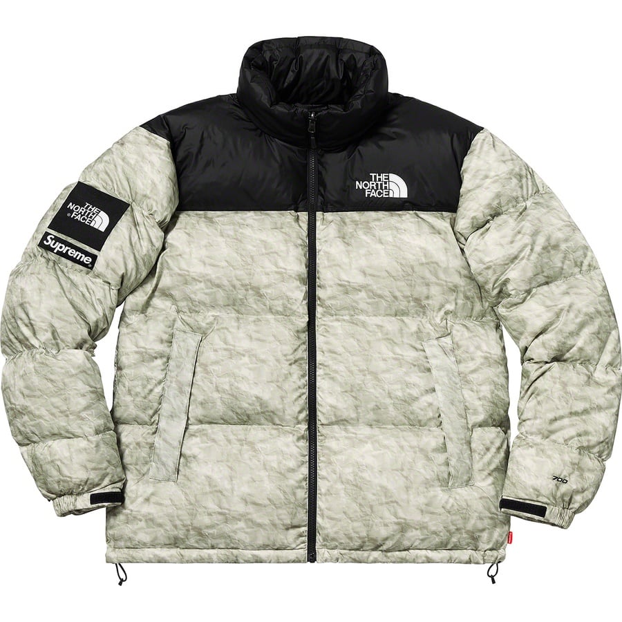 Details on Supreme The North Face Paper Print Nuptse Jacket Paper Print from fall winter
                                                    2019 (Price is $398)