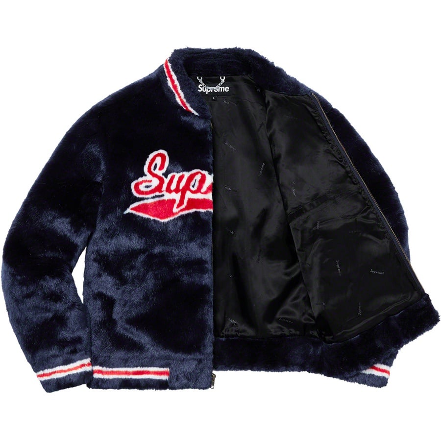 Details on Faux Fur Varsity Jacket Navy from spring summer
                                                    2020 (Price is $398)