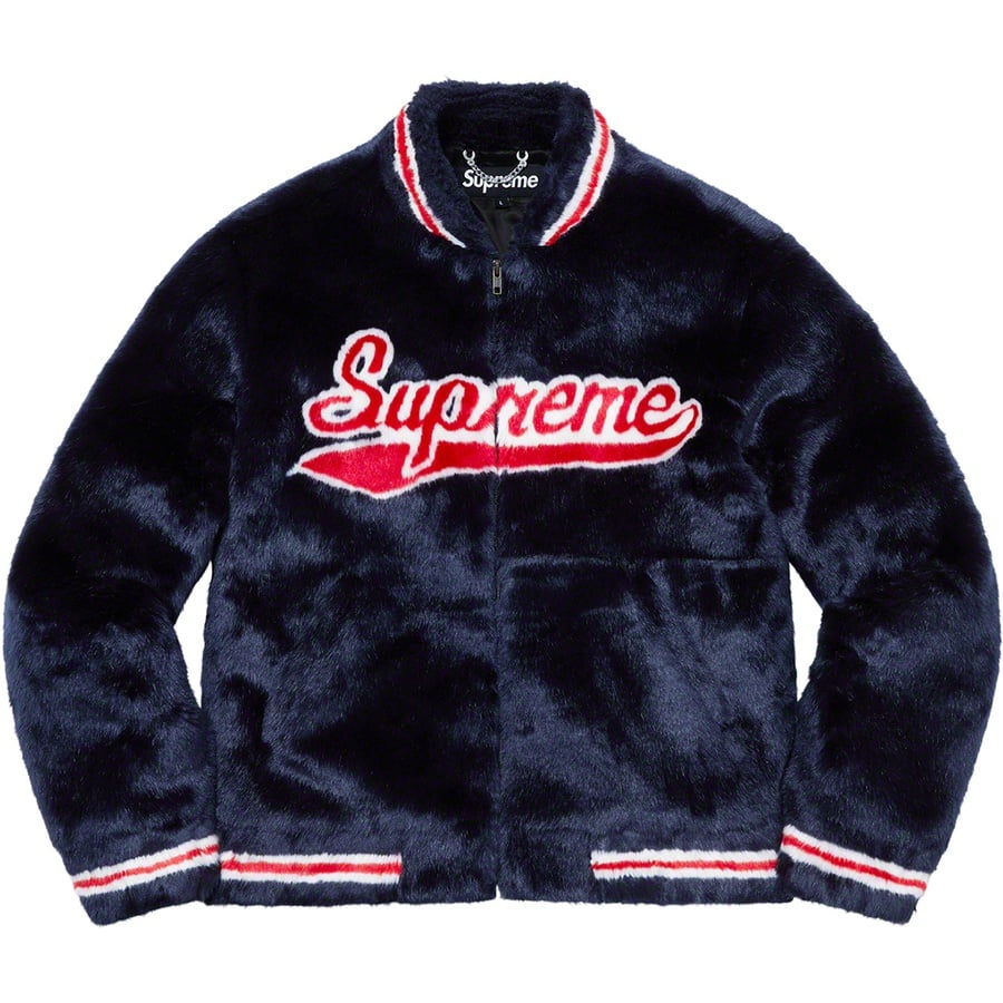 Details on Faux Fur Varsity Jacket Navy from spring summer
                                                    2020 (Price is $398)