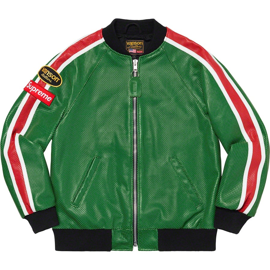 Details on Supreme Vanson Leathers Perforated Bomber Jacket Green from spring summer 2020 (Price is $788)