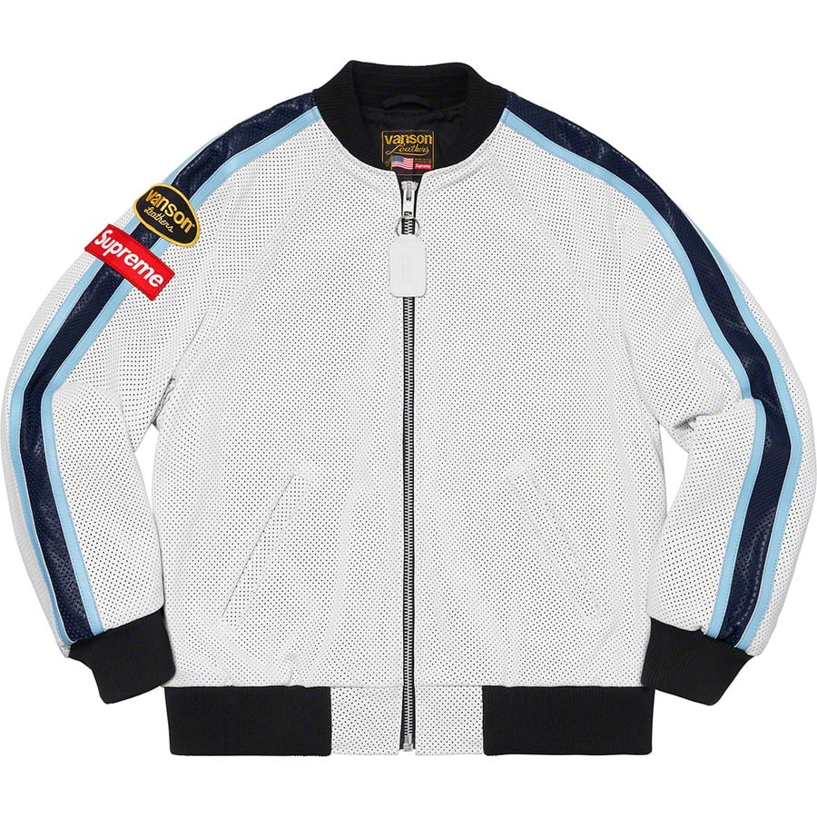 Details on Supreme Vanson Leathers Perforated Bomber Jacket White from spring summer 2020 (Price is $788)