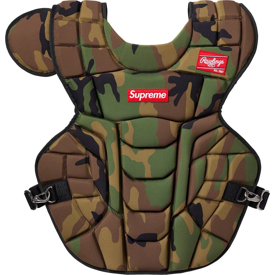 Details on Supreme Rawlings Catcher's Chest Protector Woodland Camo from spring summer
                                                    2020 (Price is $198)