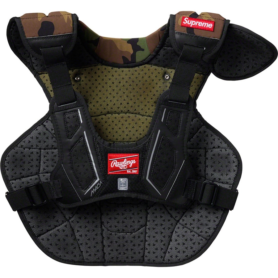 Details on Supreme Rawlings Catcher's Chest Protector Woodland Camo from spring summer
                                                    2020 (Price is $198)