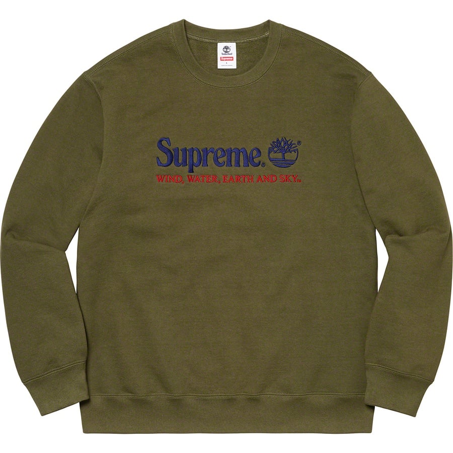 Details on Supreme Timberland Crewneck Dark Olive from spring summer
                                                    2020 (Price is $148)