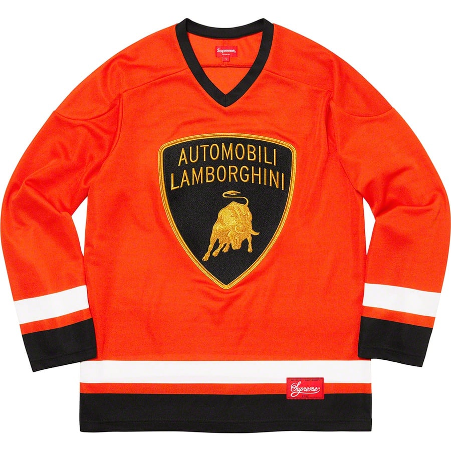 Details on Supreme Automobili Lamborghini Hockey Jersey Orange from spring summer
                                                    2020 (Price is $148)