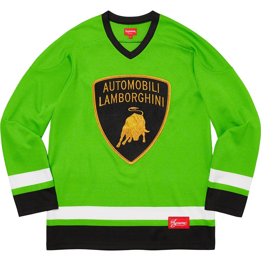 Details on Supreme Automobili Lamborghini Hockey Jersey Lime from spring summer
                                                    2020 (Price is $148)