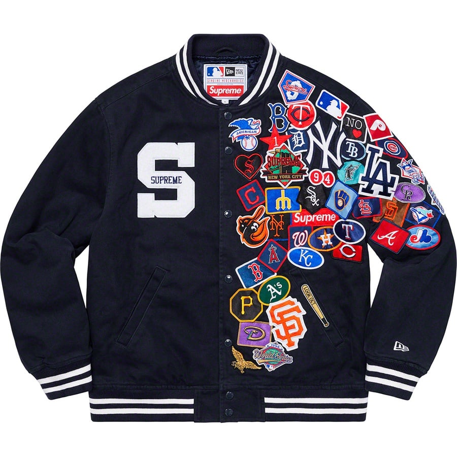 Details on Supreme New Era MLB Varsity Jacket Navy from spring summer
                                                    2020 (Price is $328)