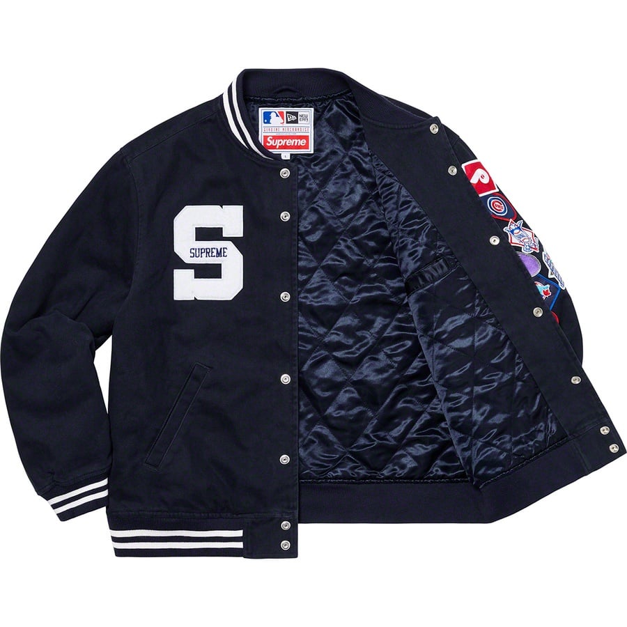 Details on Supreme New Era MLB Varsity Jacket Navy from spring summer
                                                    2020 (Price is $328)