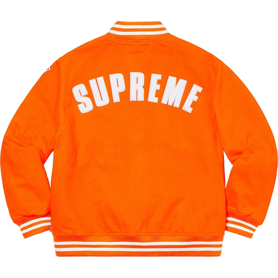 Details on Supreme New Era MLB Varsity Jacket Orange from spring summer
                                                    2020 (Price is $328)