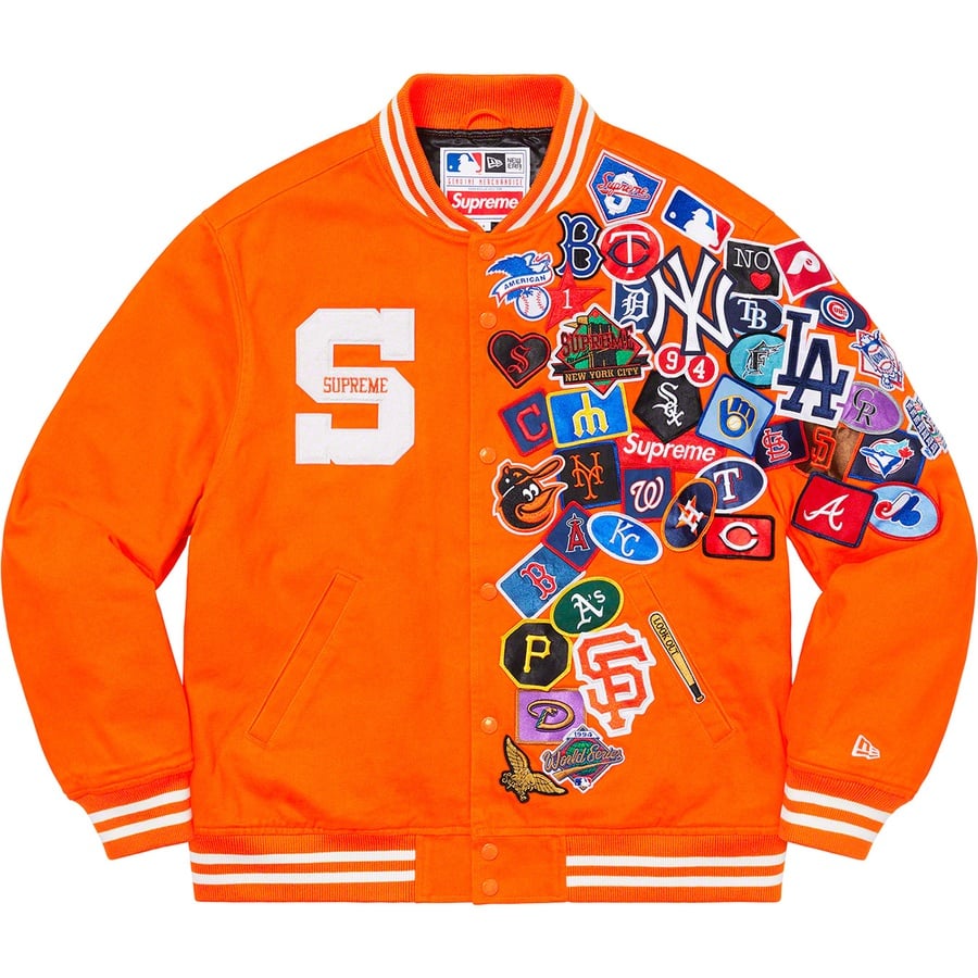 Details on Supreme New Era MLB Varsity Jacket Orange from spring summer
                                                    2020 (Price is $328)