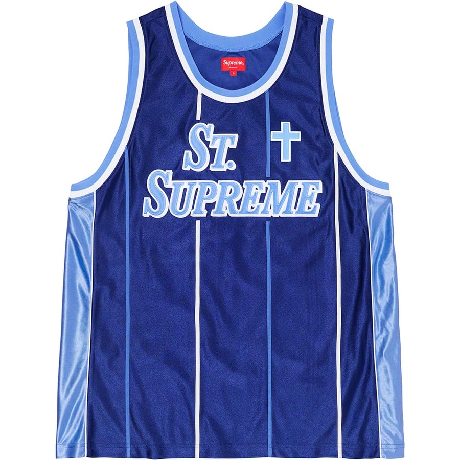 Details on St. Supreme Basketball Jersey Royal from spring summer
                                                    2020 (Price is $118)