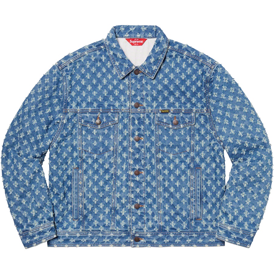 Details on Hole Punch Denim Trucker Jacket Blue from spring summer 2020 (Price is $218)
