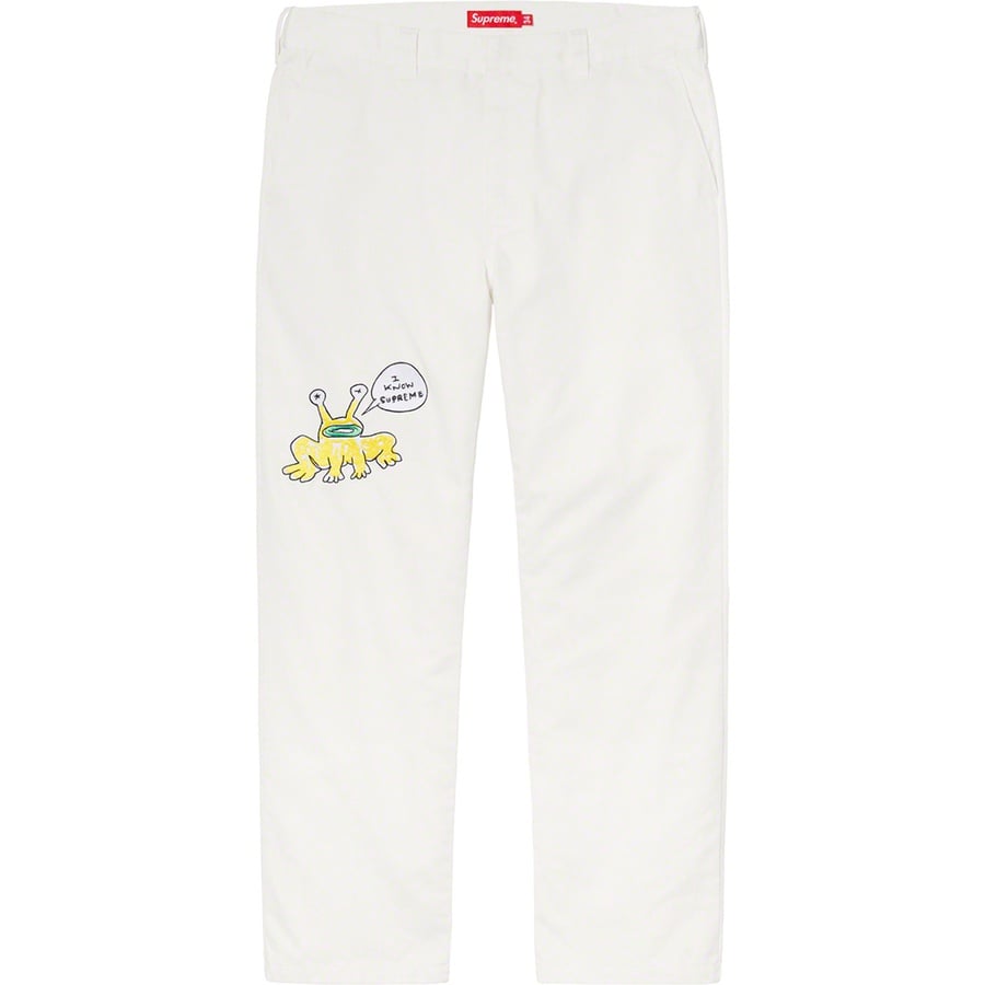 Details on Daniel Johnston Embroidered Work Pant White from spring summer
                                                    2020 (Price is $158)